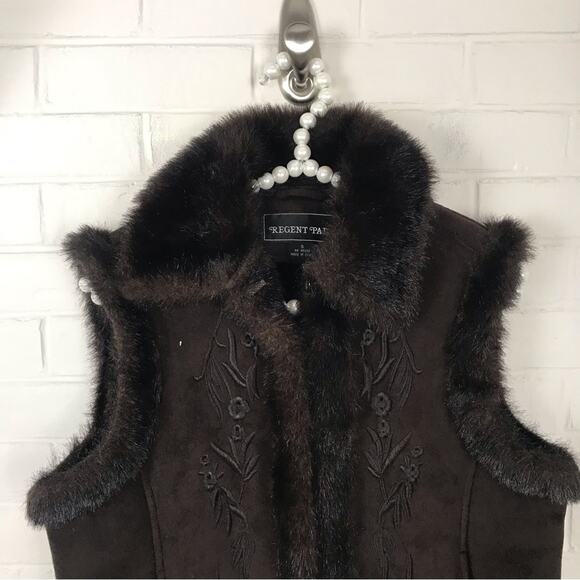 Vintage Regent Park Faux Suede Faux Fur Brown Embroidered Vest Size S - Picture 4 of 14